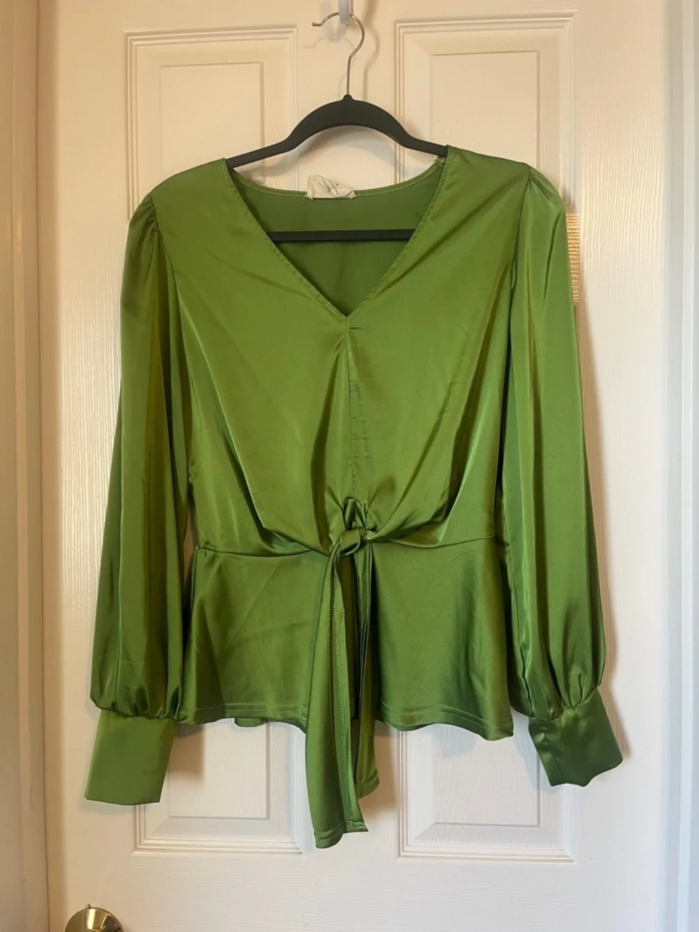 Green Satin Tie-Waist Blouse with Long Puff Sleeves - Picture 1 of 3